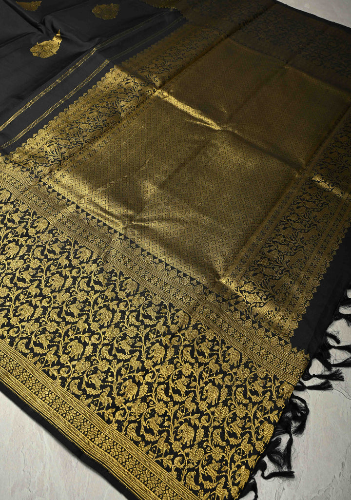 Black Handloom Pure Silk Kanchipattu Saree with Peacock Butta  and Vanasingaram Wide Zari Border  | SILK MARK CERTIFIED