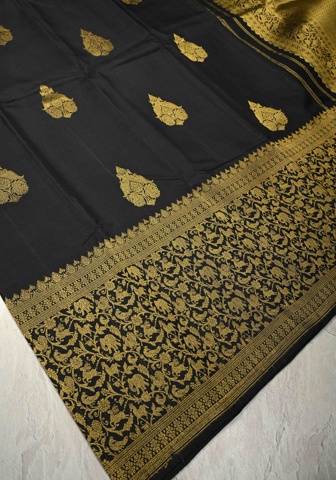 Black Handloom Pure Silk Kanchipattu Saree with Peacock Butta  and Vanasingaram Wide Zari Border  | SILK MARK CERTIFIED