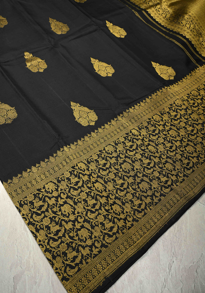 Black Handloom Pure Silk Kanchipattu Saree with Peacock Butta  and Vanasingaram Wide Zari Border  | SILK MARK CERTIFIED