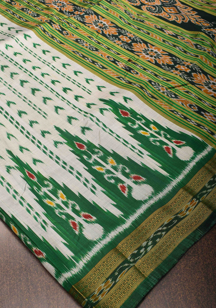White Handloom Sambalpuri Ikkat Silk Saree with Contrast Border, No Blouse Piece | SILK MARK CERTIFIED