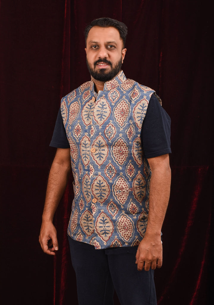 Men's Ghicha Tussar Silk Nehru Jacket in Blue with Mandarin Collar and HandBlock Ajrakh Designs | SHOBITAM
