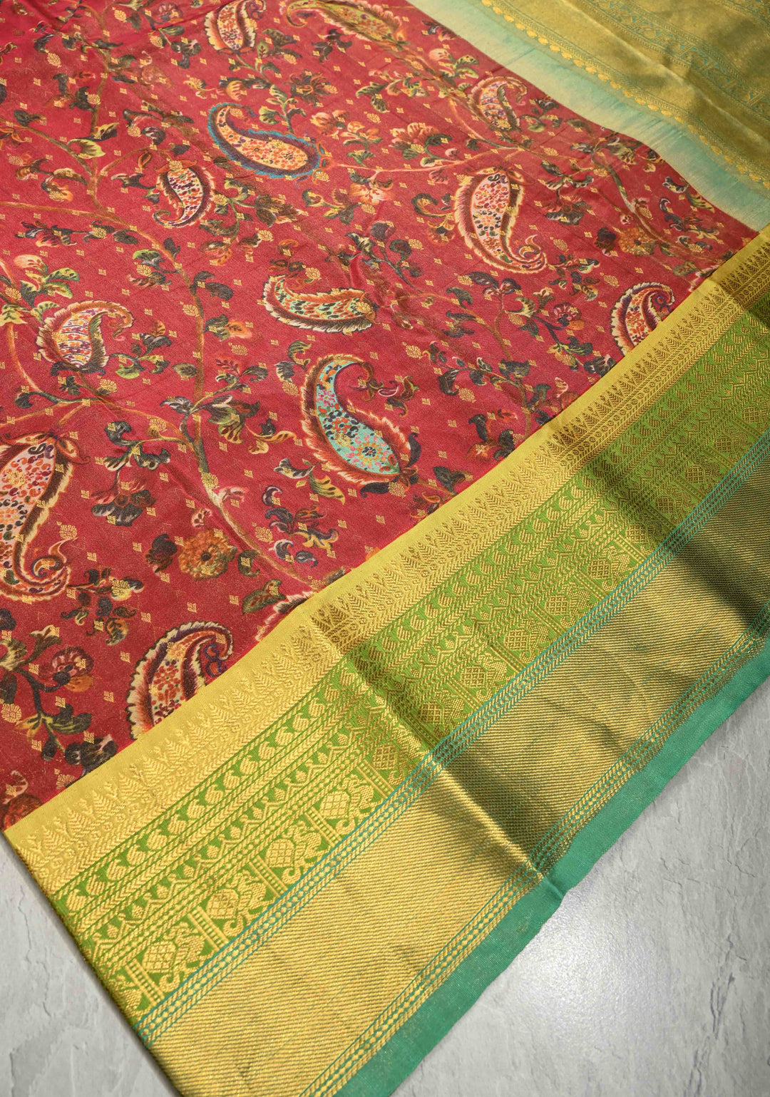 Reddish Pink Tissue Silk Saree with Floral Digital Print and contrast zari border | SILK MARK CERTIFIED