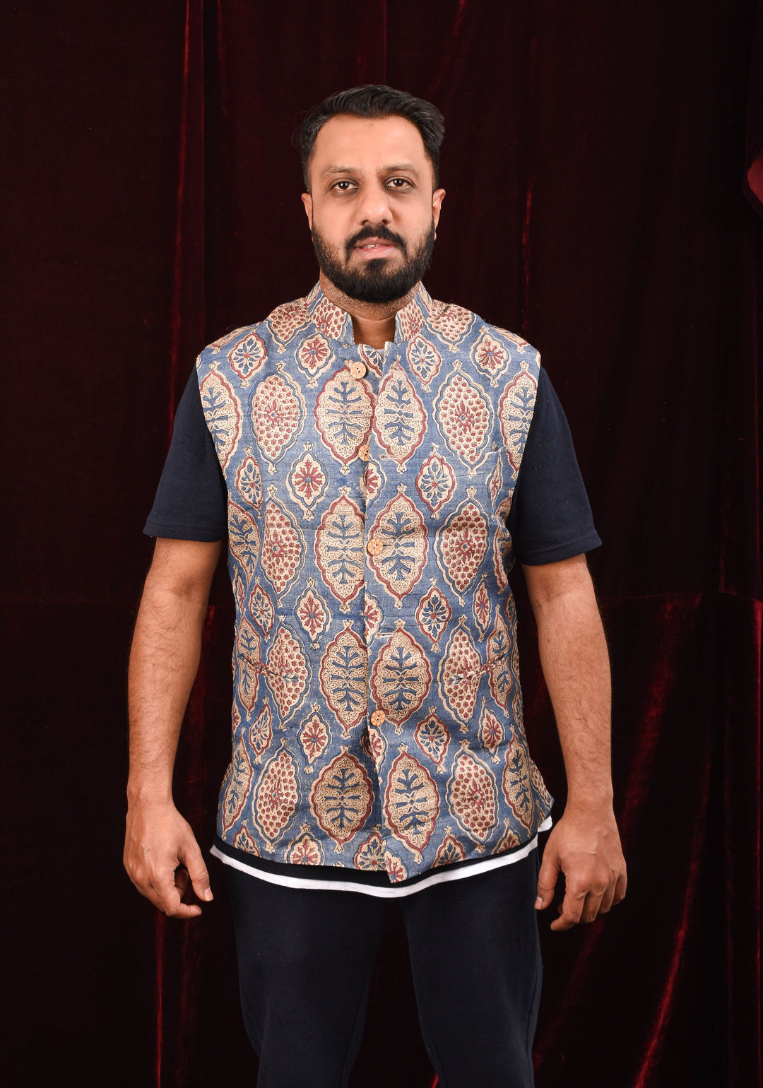 Men's Ghicha Tussar Silk Nehru Jacket in Blue with Mandarin Collar and HandBlock Ajrakh Designs | SHOBITAM