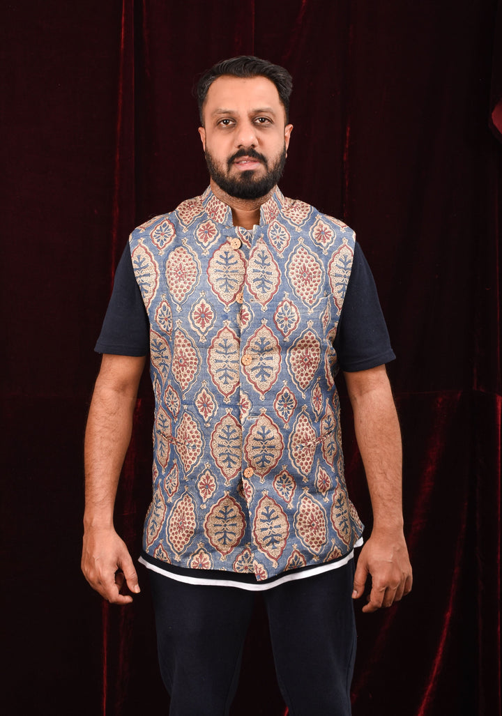 Men's Ghicha Tussar Silk Nehru Jacket in Blue with Mandarin Collar and HandBlock Ajrakh Designs | SHOBITAM