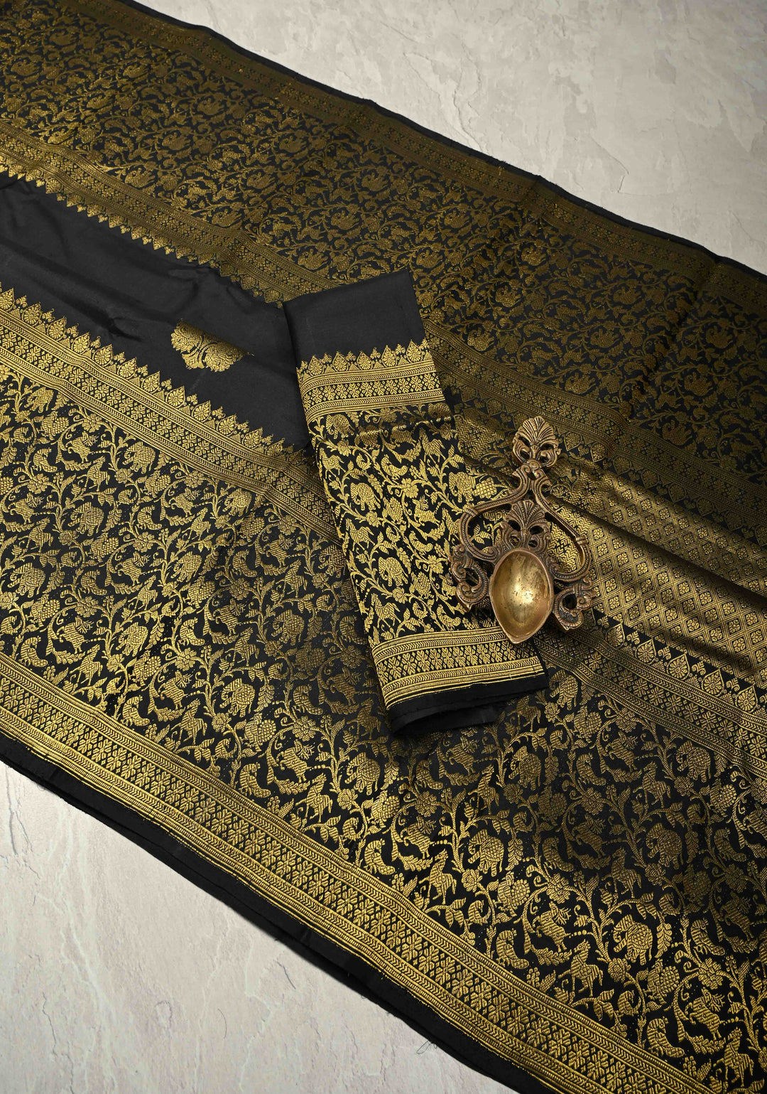 Black Handloom Pure Silk Kanchipattu Saree with Peacock Butta  and Vanasingaram Wide Zari Border  | SILK MARK CERTIFIED