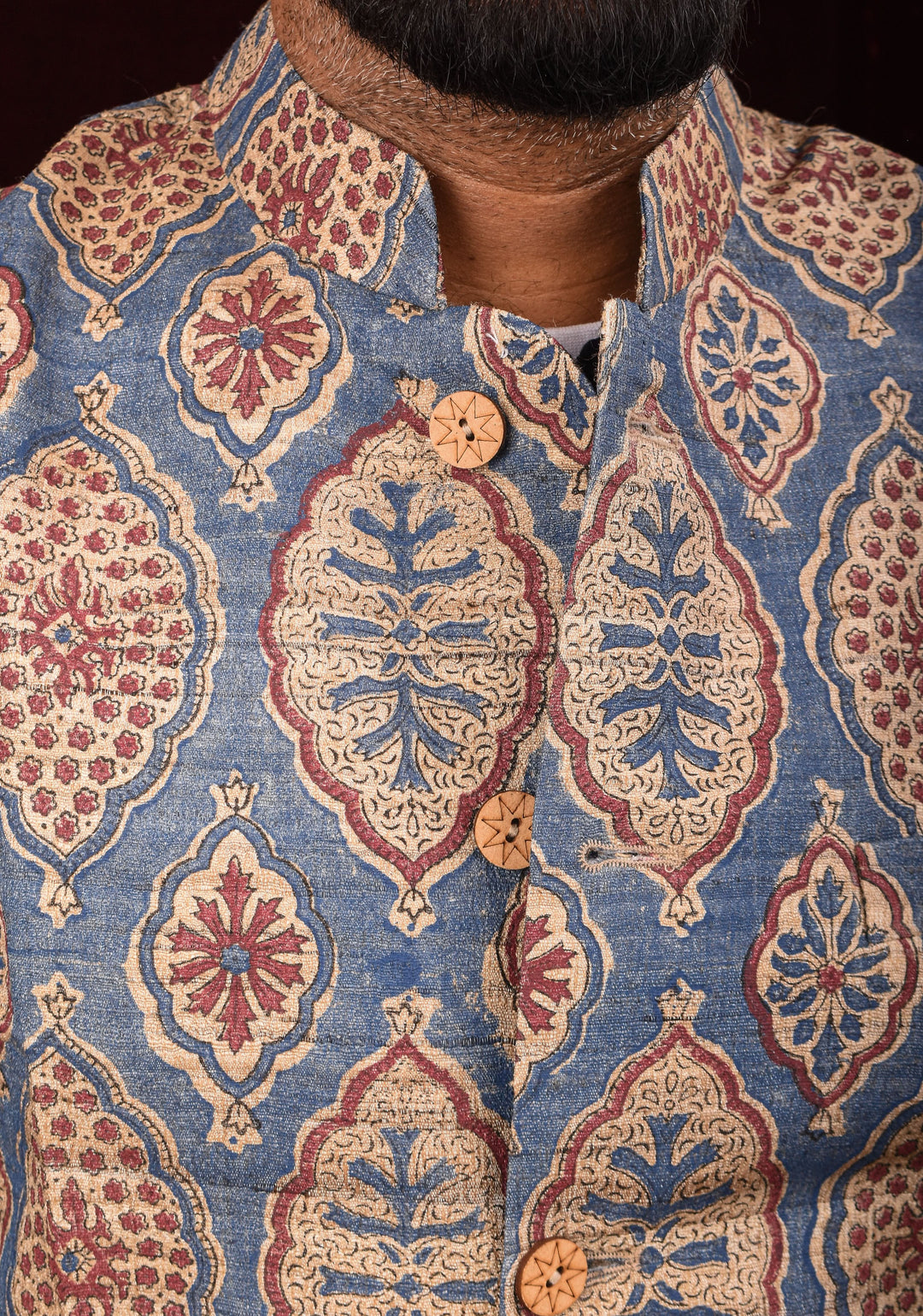 Men's Ghicha Tussar Silk Nehru Jacket in Blue with Mandarin Collar and HandBlock Ajrakh Designs | SHOBITAM