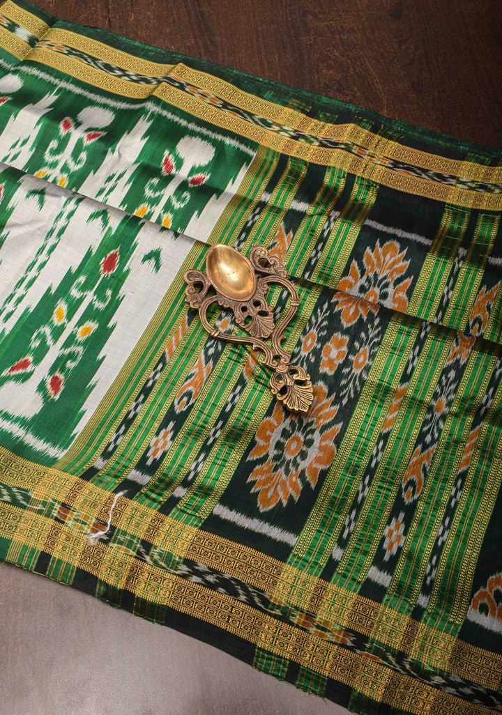 White Handloom Sambalpuri Ikkat Silk Saree with Contrast Border, No Blouse Piece | SILK MARK CERTIFIED