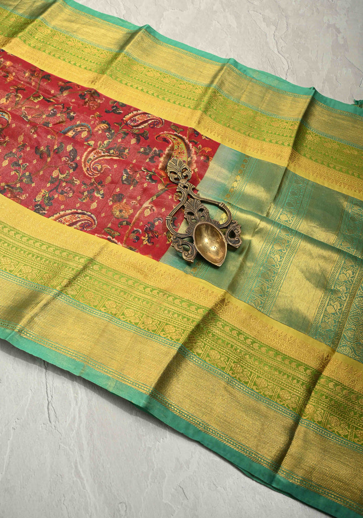 Reddish Pink Tissue Silk Saree with Floral Digital Print and contrast zari border | SILK MARK CERTIFIED