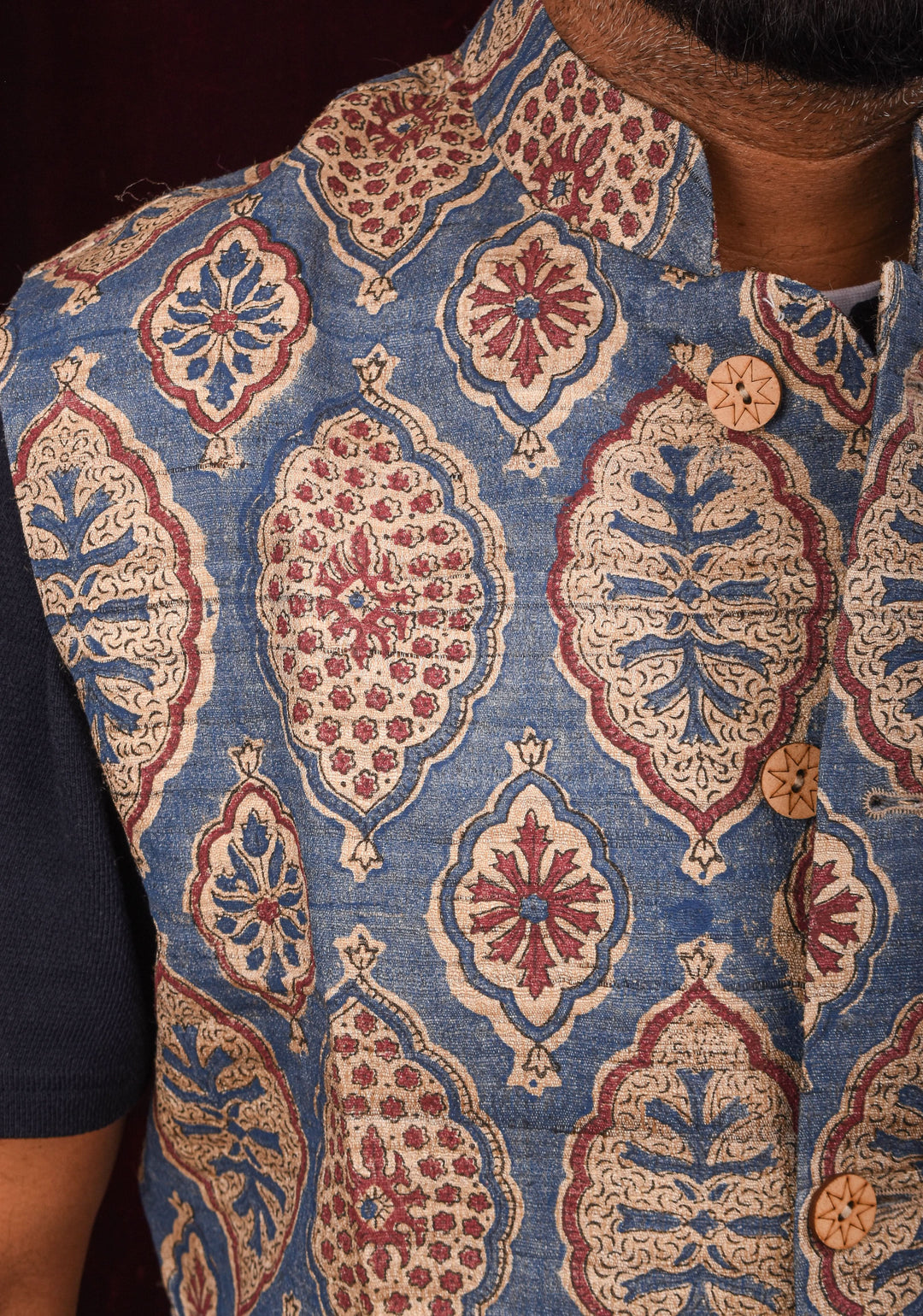 Men's Ghicha Tussar Silk Nehru Jacket in Blue with Mandarin Collar and HandBlock Ajrakh Designs | SHOBITAM
