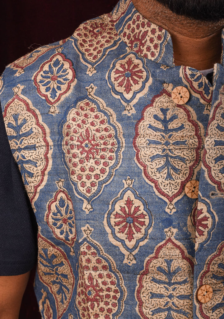 Men's Ghicha Tussar Silk Nehru Jacket in Blue with Mandarin Collar and HandBlock Ajrakh Designs | SHOBITAM
