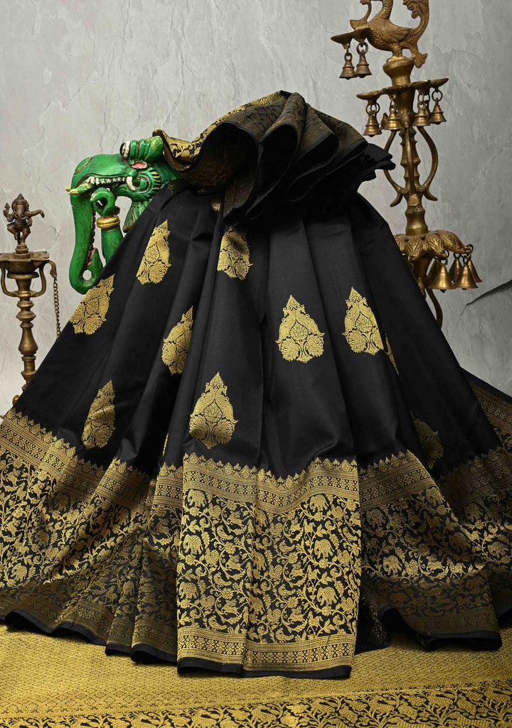 Black Handloom Pure Silk Kanchipattu Saree with Peacock Butta  and Vanasingaram Wide Zari Border  | SILK MARK CERTIFIED