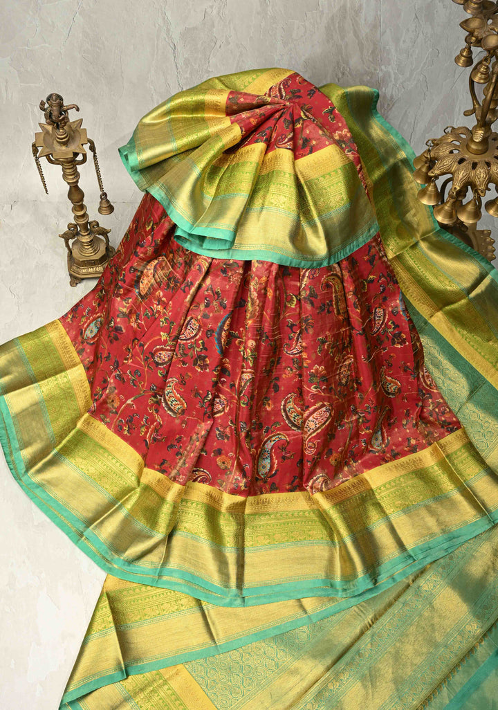 Reddish Pink Tissue Silk Saree with Floral Digital Print and contrast zari border | SILK MARK CERTIFIED