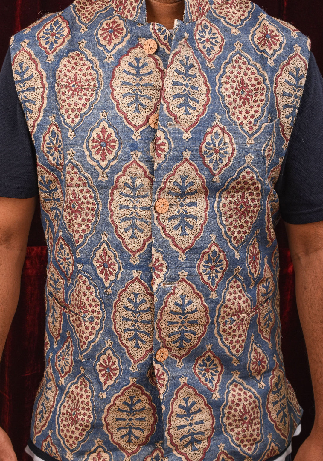 Men's Ghicha Tussar Silk Nehru Jacket in Blue with Mandarin Collar and HandBlock Ajrakh Designs | SHOBITAM
