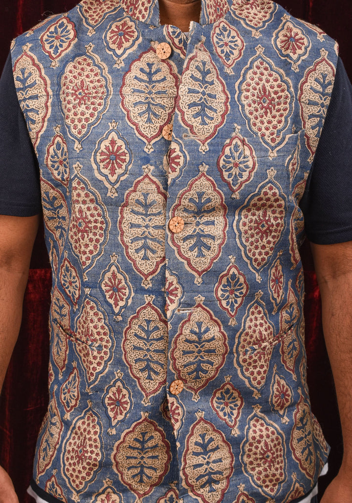 Men's Ghicha Tussar Silk Nehru Jacket in Blue with Mandarin Collar and HandBlock Ajrakh Designs | SHOBITAM