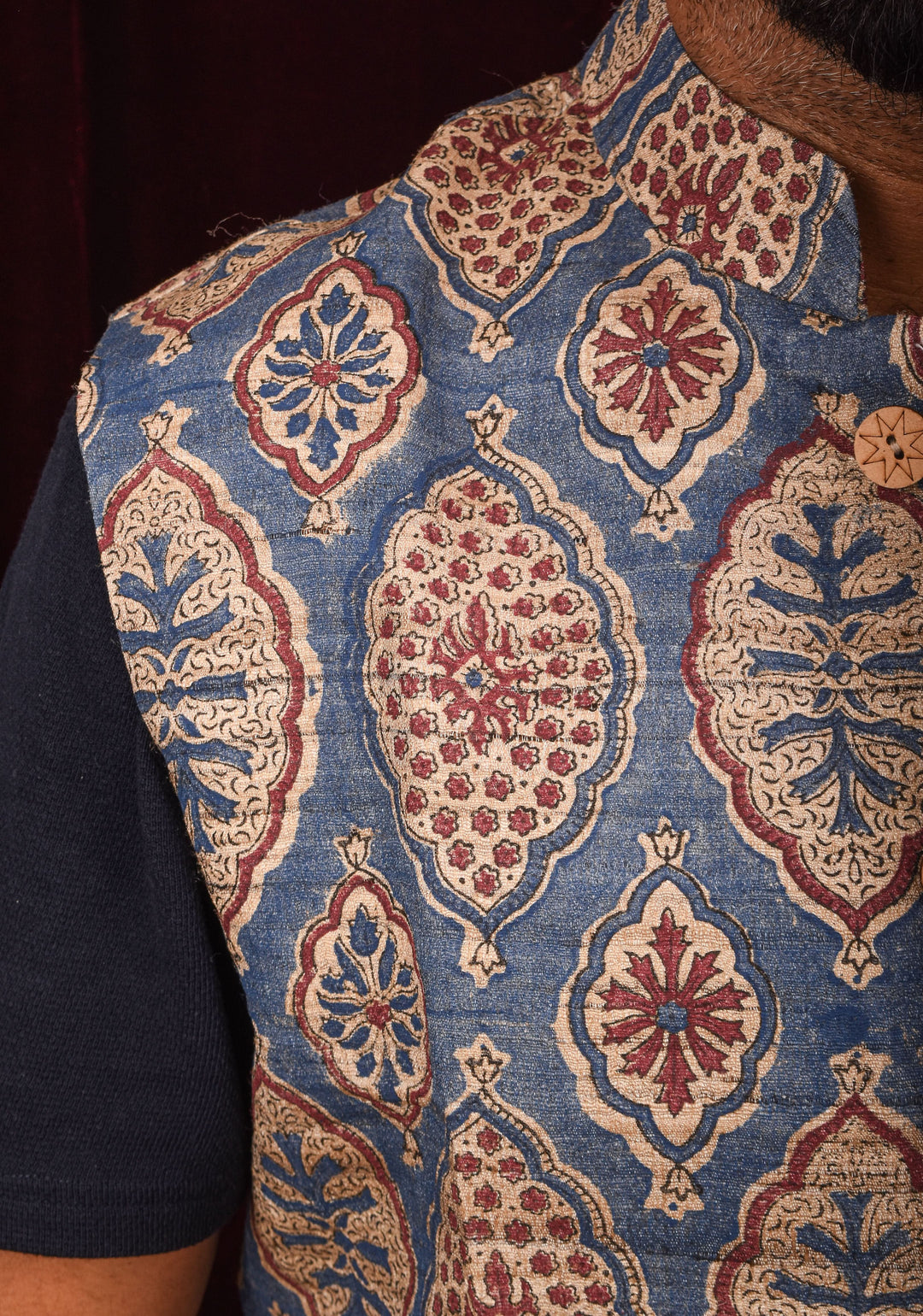 Men's Ghicha Tussar Silk Nehru Jacket in Blue with Mandarin Collar and HandBlock Ajrakh Designs | SHOBITAM