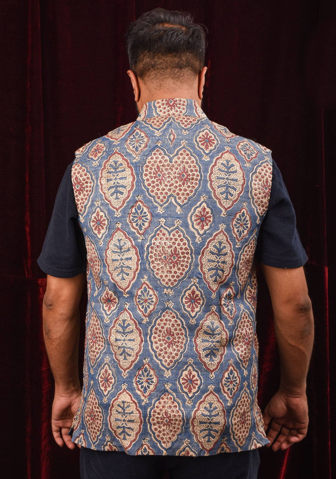 Men's Ghicha Tussar Silk Nehru Jacket in Blue with Mandarin Collar and HandBlock Ajrakh Designs | SHOBITAM