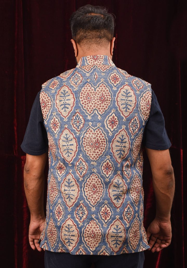 Men's Ghicha Tussar Silk Nehru Jacket in Blue with Mandarin Collar and HandBlock Ajrakh Designs | SHOBITAM