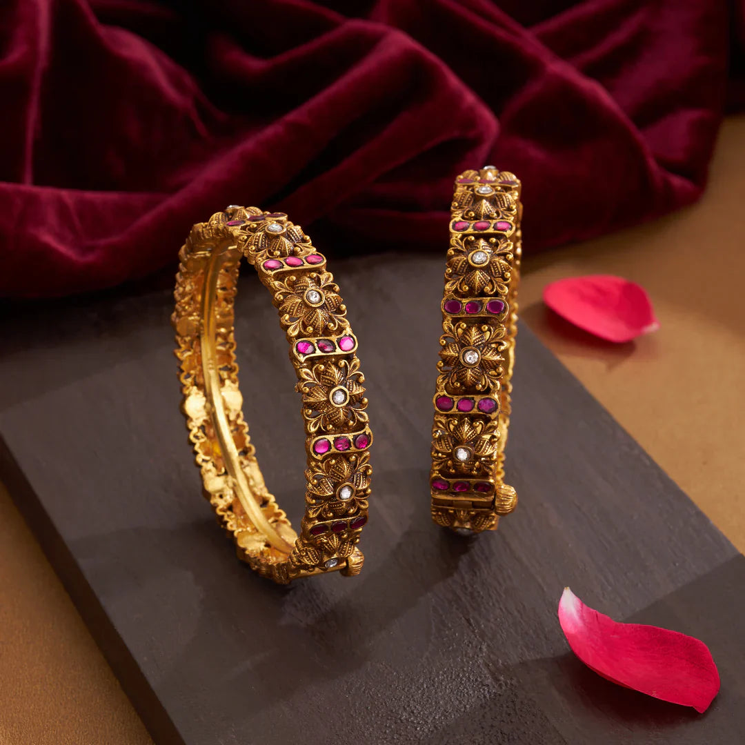 92.5 Silver, Gold Plated Ratnawali Phool Bangles
