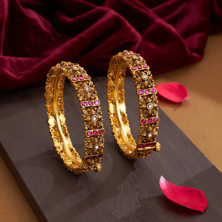 92.5 Silver, Gold Plated Ratnawali Phool Bangles