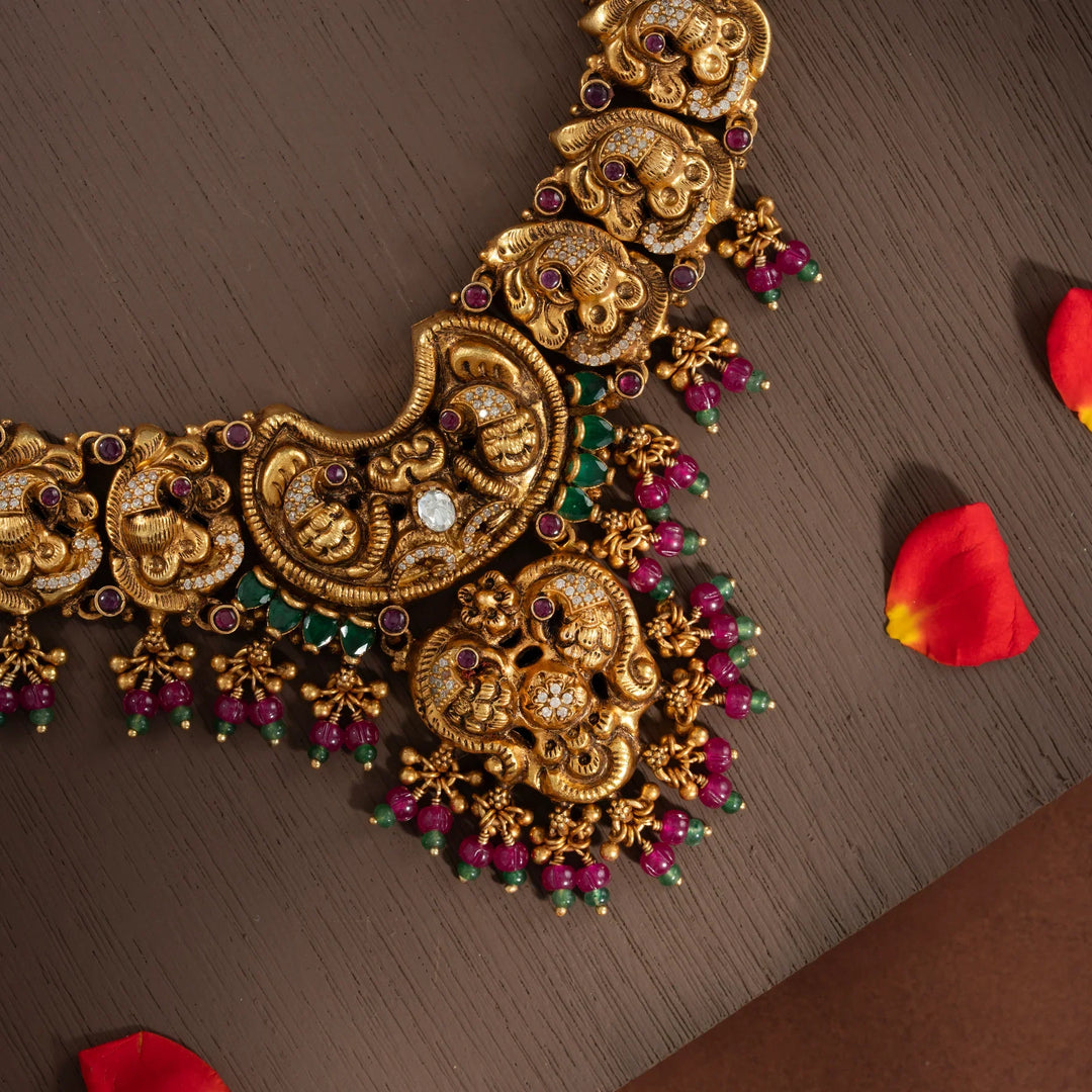 Stunning 92.5 Silver, Gold Plated Mayil Anugraha Short Necklace