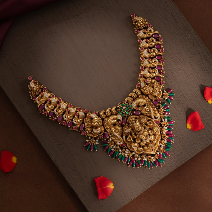 Stunning 92.5 Silver, Gold Plated Lakshmi Morni Short Necklace