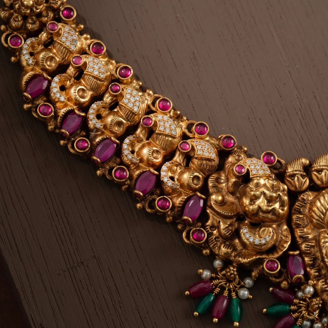 Stunning 92.5 Silver, Gold Plated Lakshmi Morni Short Necklace