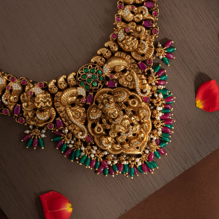 Stunning 92.5 Silver, Gold Plated Lakshmi Morni Short Necklace