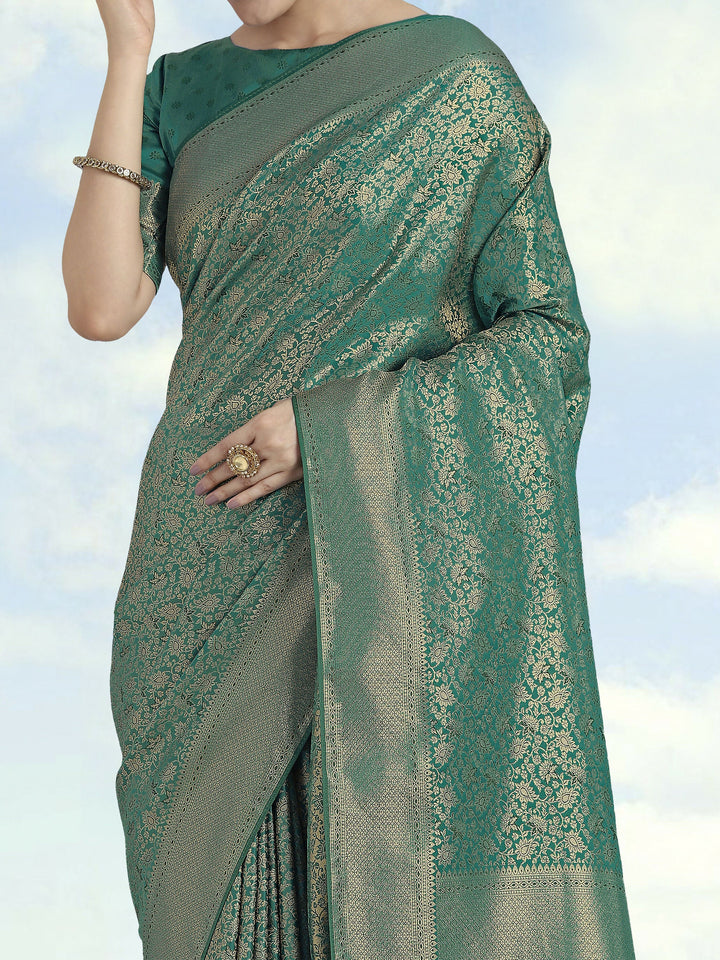 Teal Color Baanrasi Satin Silk Saree | SHOBITAM
