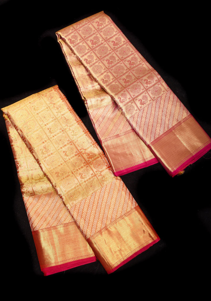 Exquisite Tan Gold Tissue Kanjivaram Pure Silk Saree with Checks Pattern and wide Zari Borde | SILK MARK CERTIFIED