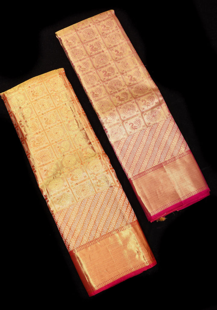 Exquisite Tan Gold Tissue Kanjivaram Pure Silk Saree with Checks Pattern and wide Zari Borde | SILK MARK CERTIFIED
