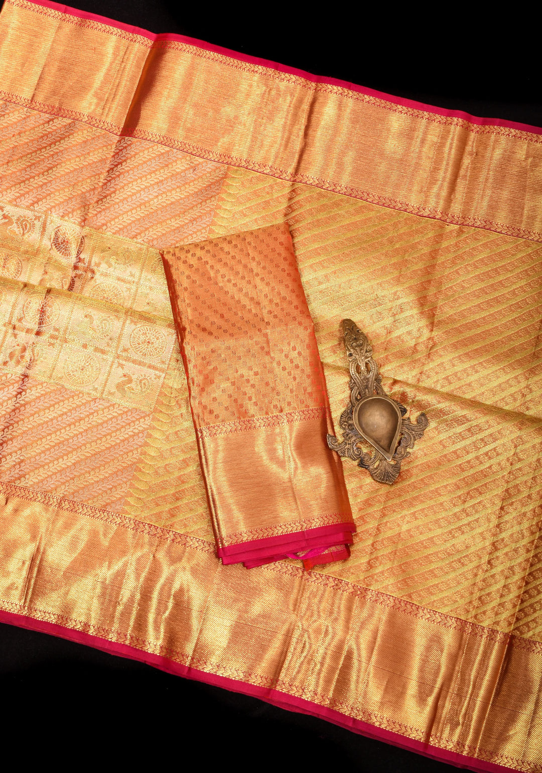 Exquisite Tan Gold Tissue Kanjivaram Pure Silk Saree with Checks Pattern and wide Zari Borde | SILK MARK CERTIFIED