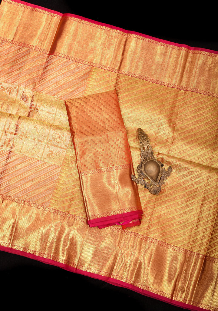 Exquisite Tan Gold Tissue Kanjivaram Pure Silk Saree with Checks Pattern and wide Zari Borde | SILK MARK CERTIFIED