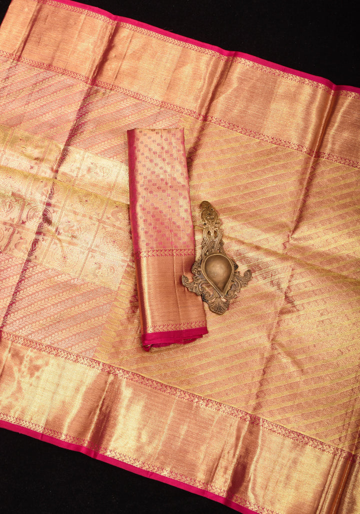 Exquisite Tan Gold Tissue Kanjivaram Pure Silk Saree with Checks Pattern and wide Zari Borde | SILK MARK CERTIFIED
