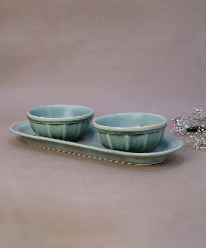 Dusty Jade Green Oval Platter with 2 Snack bowl (Set of 3) | SHOBITAM