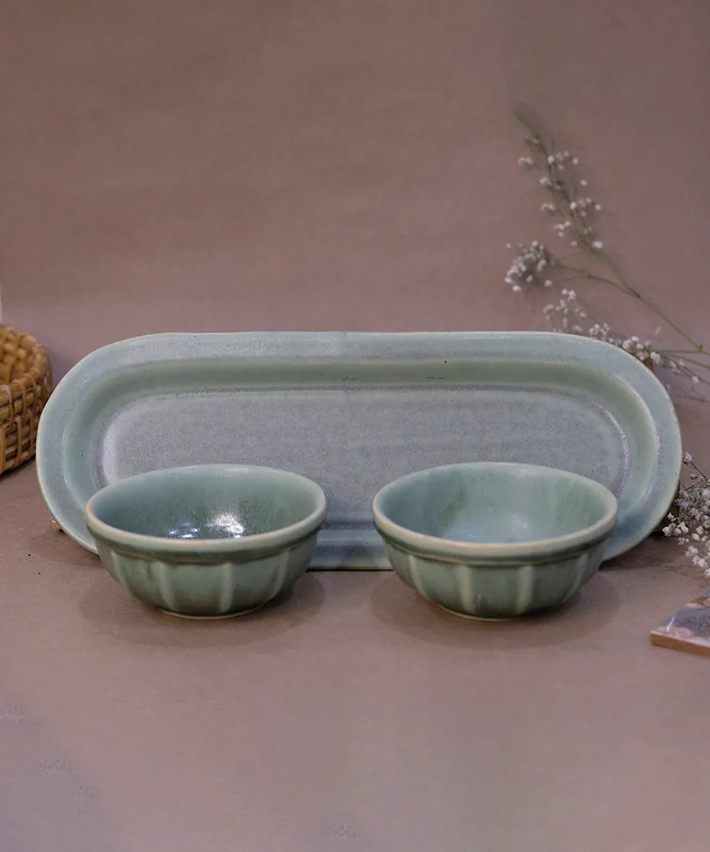 Dusty Jade Green Oval Platter with 2 Snack bowl (Set of 3) | SHOBITAM