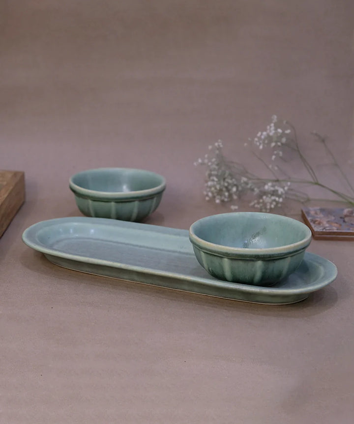 Dusty Jade Green Oval Platter with 2 Snack bowl (Set of 3) | SHOBITAM