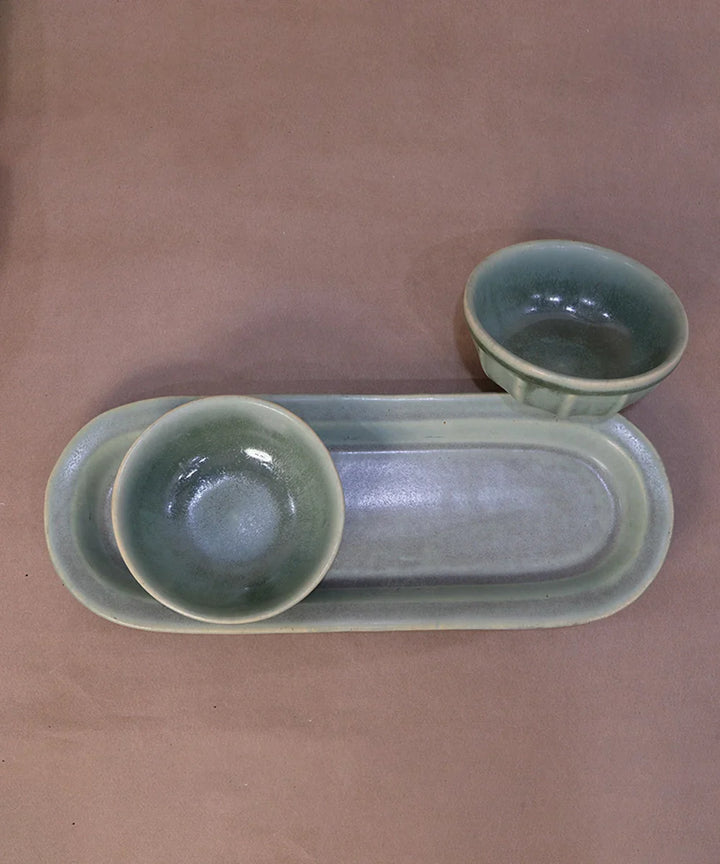 Dusty Jade Green Oval Platter with 2 Snack bowl (Set of 3) | SHOBITAM
