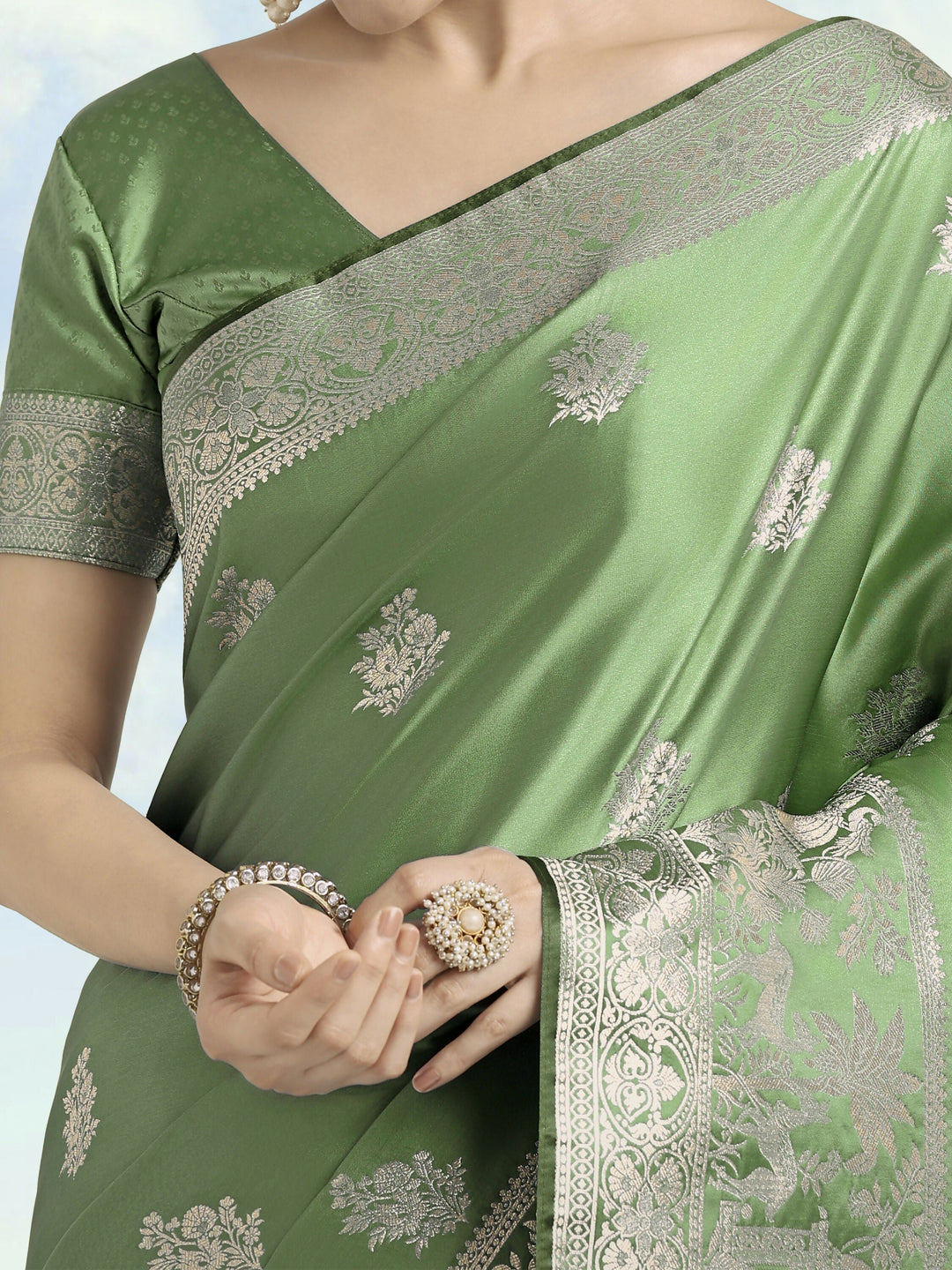Light Green Zari Weaving Work Banarasi Satin Silk Saree |SHOBITAM