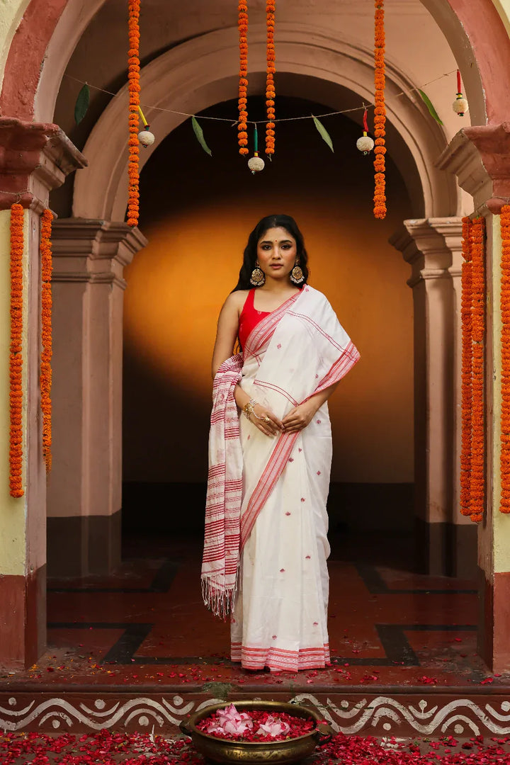 Handloom Laal Paar Pujo Saree | SHOBITAM