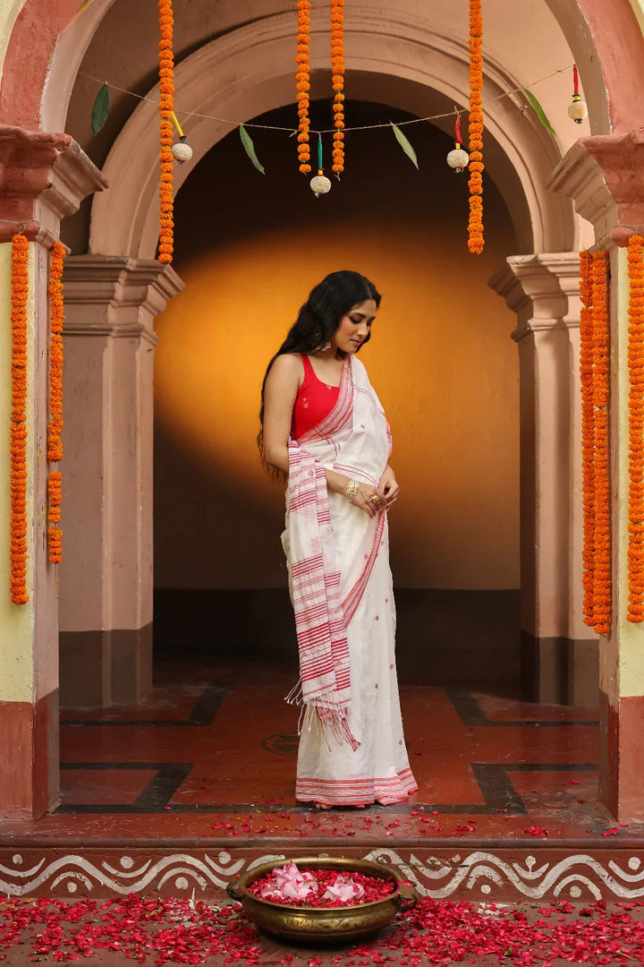 Handloom Laal Paar Pujo Saree | SHOBITAM