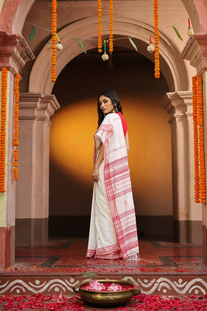 Handloom Laal Paar Pujo Saree | SHOBITAM