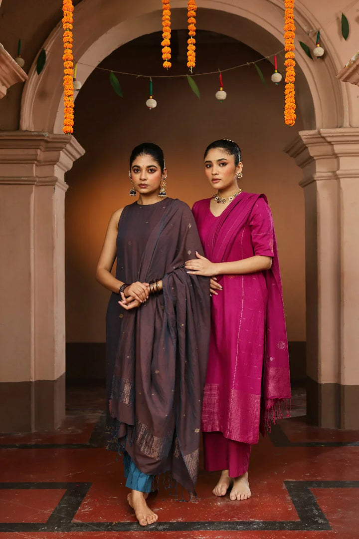 Handloom Coca Cola Pure Cotton Zari Jamdani Kurta Set With Dupatta
