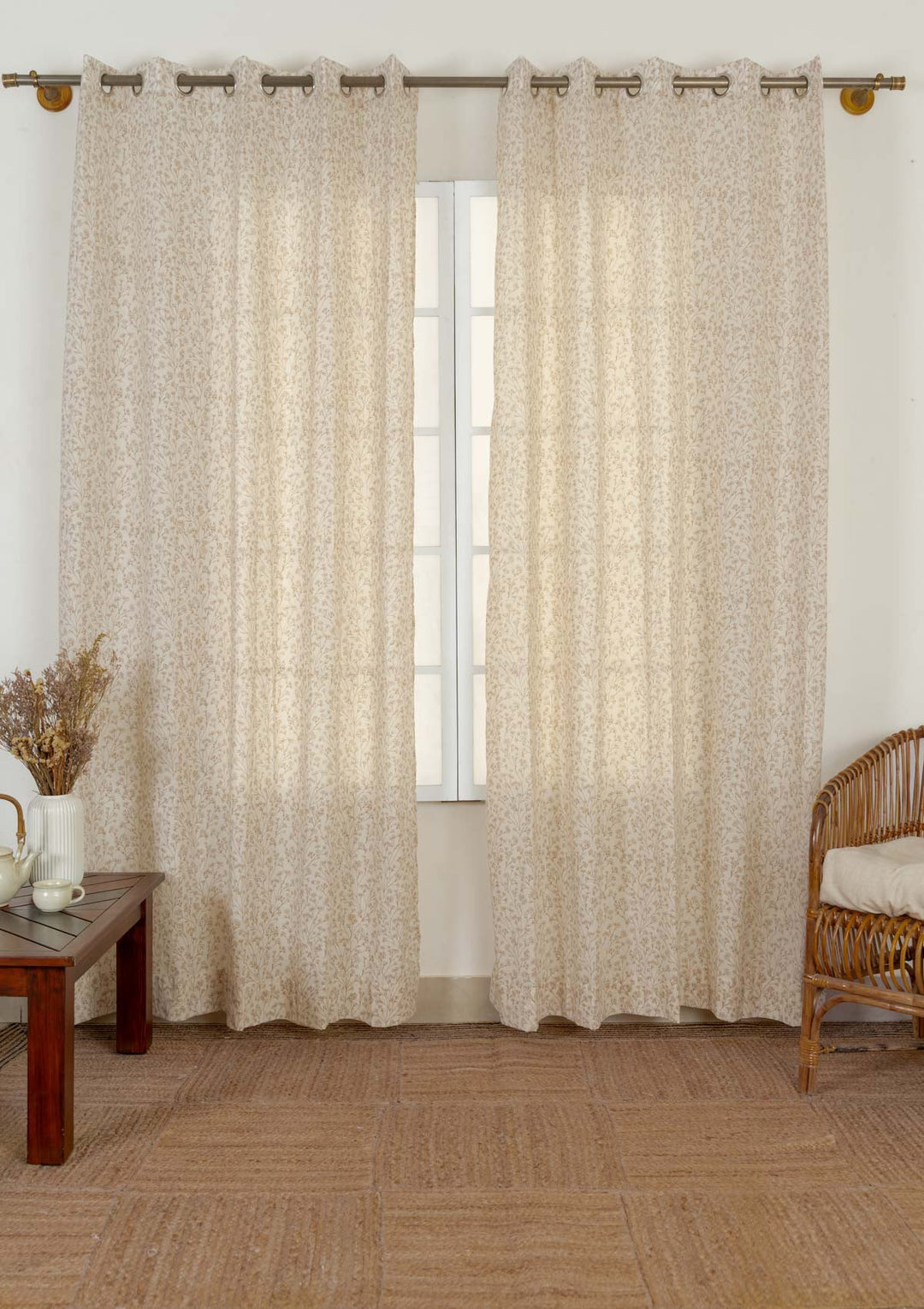 Canopy 100% cotton floral sheer curtain for living room - Light filtering - Brown - Single - Single Piece | SHOBITAM