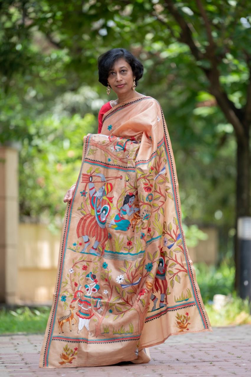 Canvas of Threads intricate Village Theme Hand Kantha Embroidery on Pure Natural Tussar Silk Saree | SILK MARK CERTIFIED | SHOBITAM