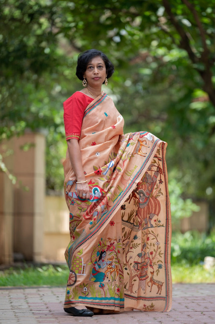 Canvas of Threads intricate Village Theme Hand Kantha Embroidery on Pure Natural Tussar Silk Saree | SILK MARK CERTIFIED | SHOBITAM