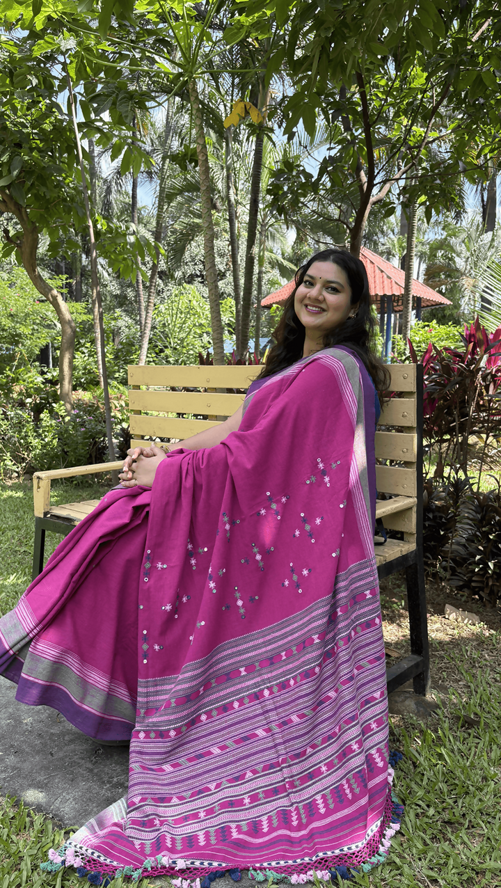 Gulal Bhujodi Cotton saree with Mirror Work | SHOBITAM