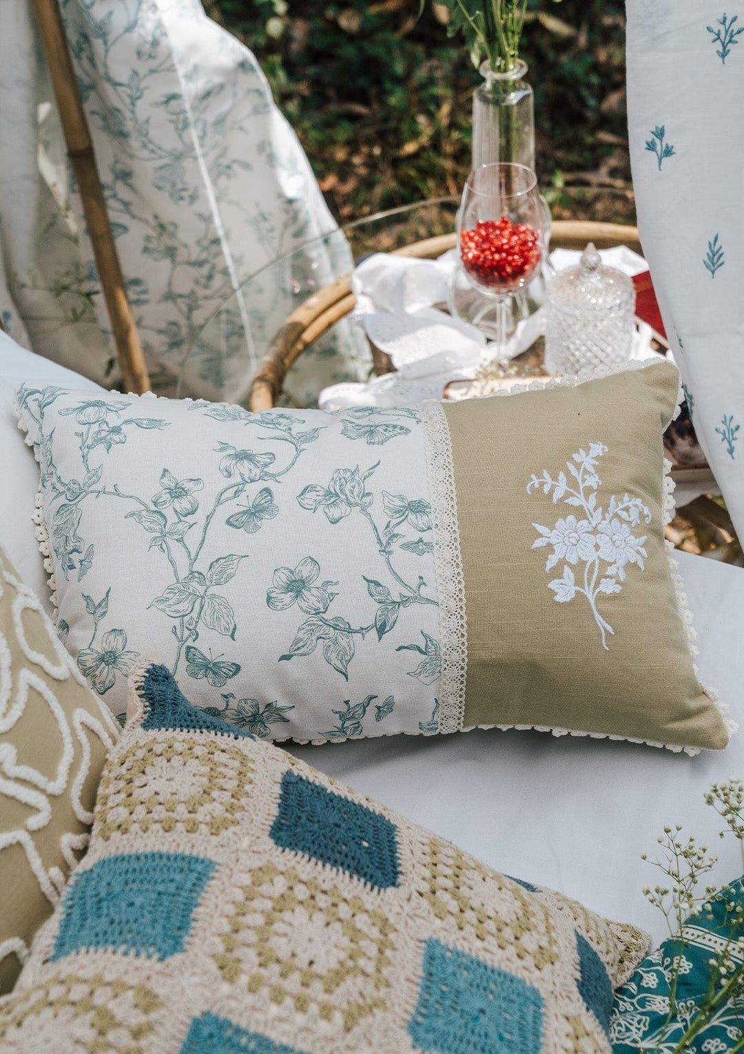 Celeste Nile Blue Embroidered Cushion Cover for Sofa – 100% Cotton 12" x 20" | SHOBITAM