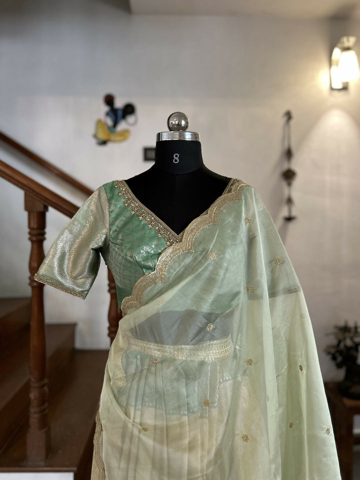 Sage Green Blouse with Champagne Gold Jacquard Skirt | SHOBITAM