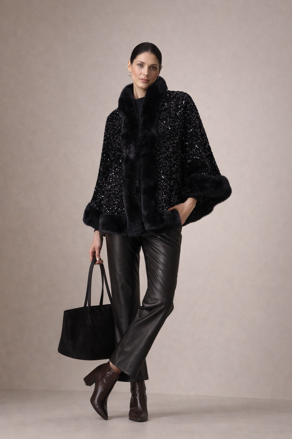 Midnight Noir Sequin Fur-Trim Cape | SHOBITAM