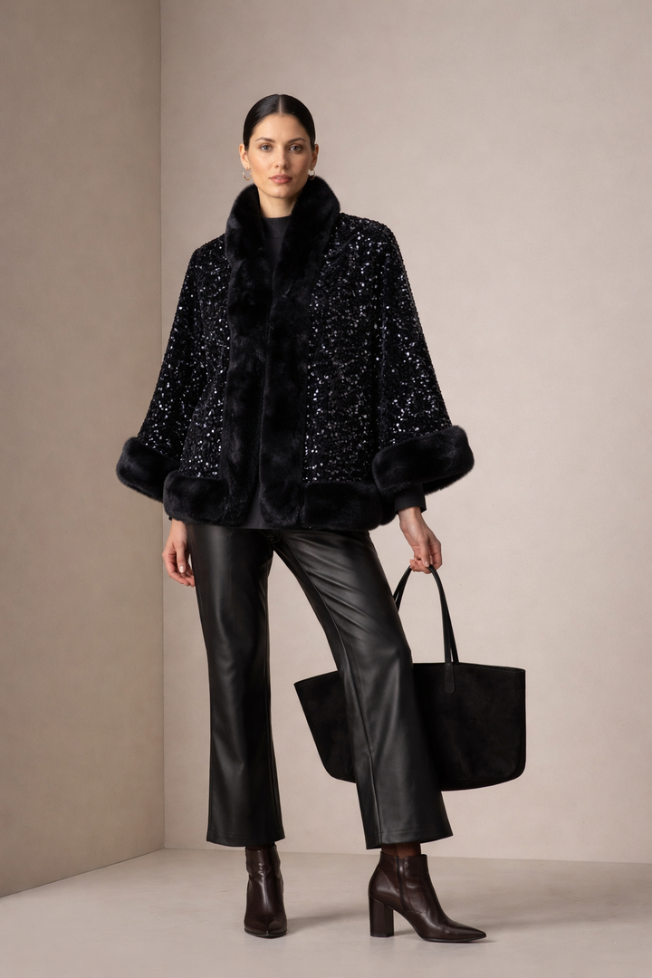 Midnight Noir Sequin Fur-Trim Cape | SHOBITAM